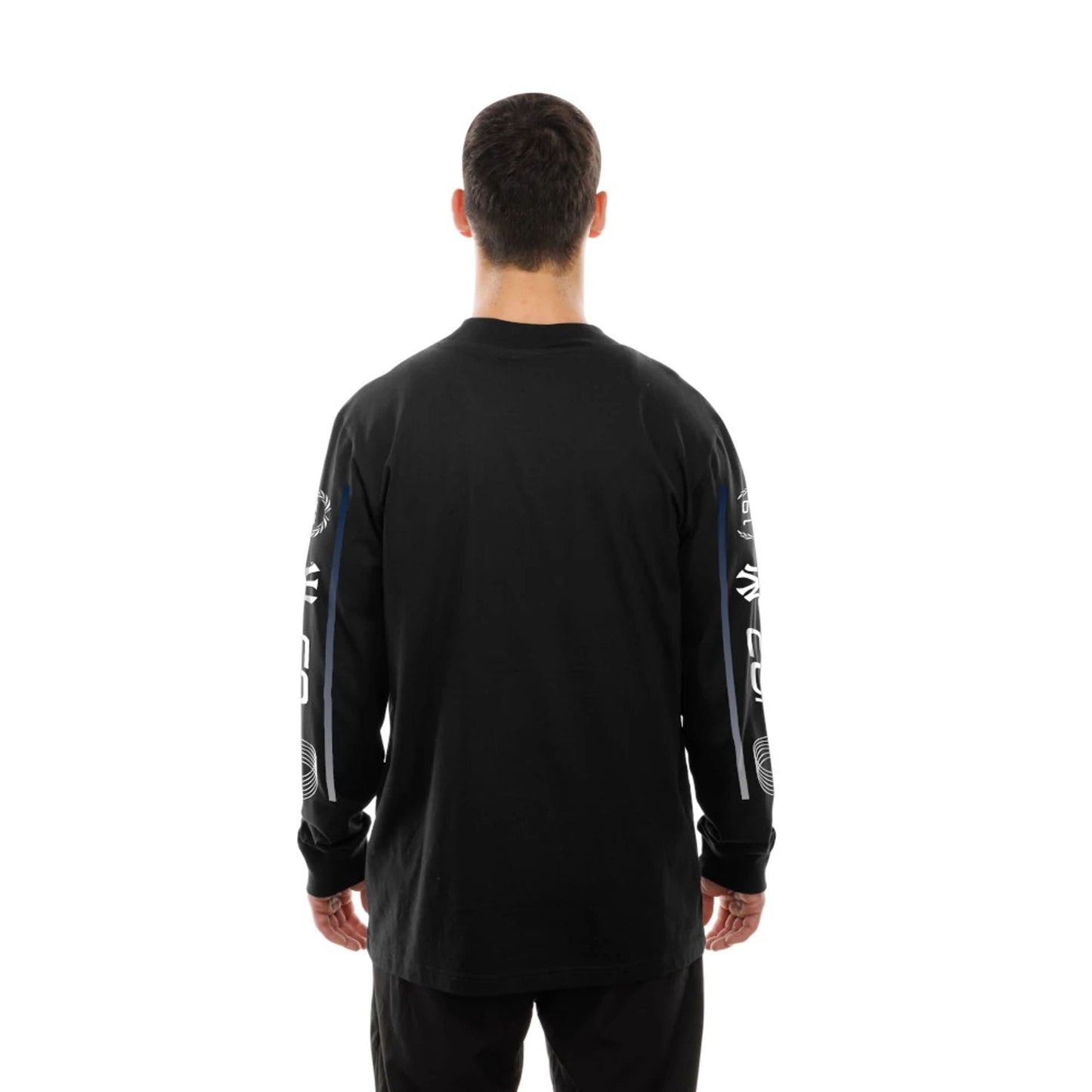 The Male model is wearing New York Yankees Modern Driver Black Long Sleeve T-Shirt 7