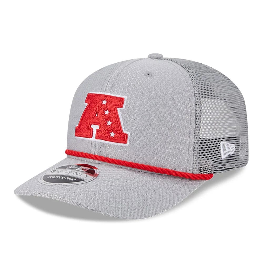 Pictured is this NFL Pro Bowl 2025 AFC Logo 9SEVENTY Trucker Stretch Snap Adjustable cap in grey. 1