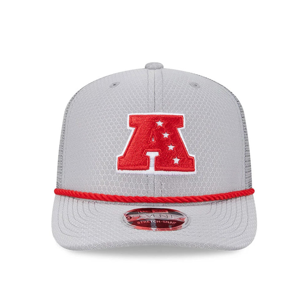 Pictured is this NFL Pro Bowl 2025 AFC Logo 9SEVENTY Trucker Stretch Snap Adjustable cap in grey. 2
