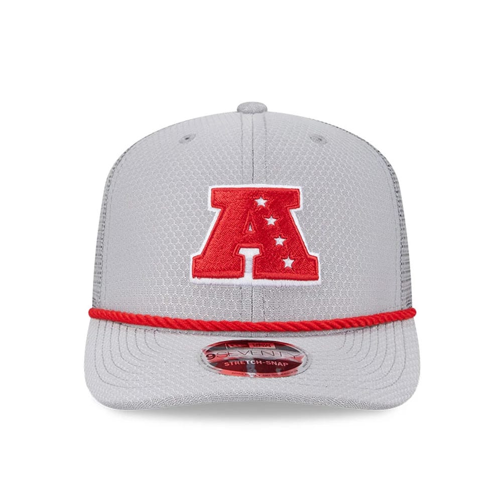 Pictured is this NFL Pro Bowl 2025 AFC Logo 9SEVENTY Trucker Stretch Snap Adjustable cap in grey. 2