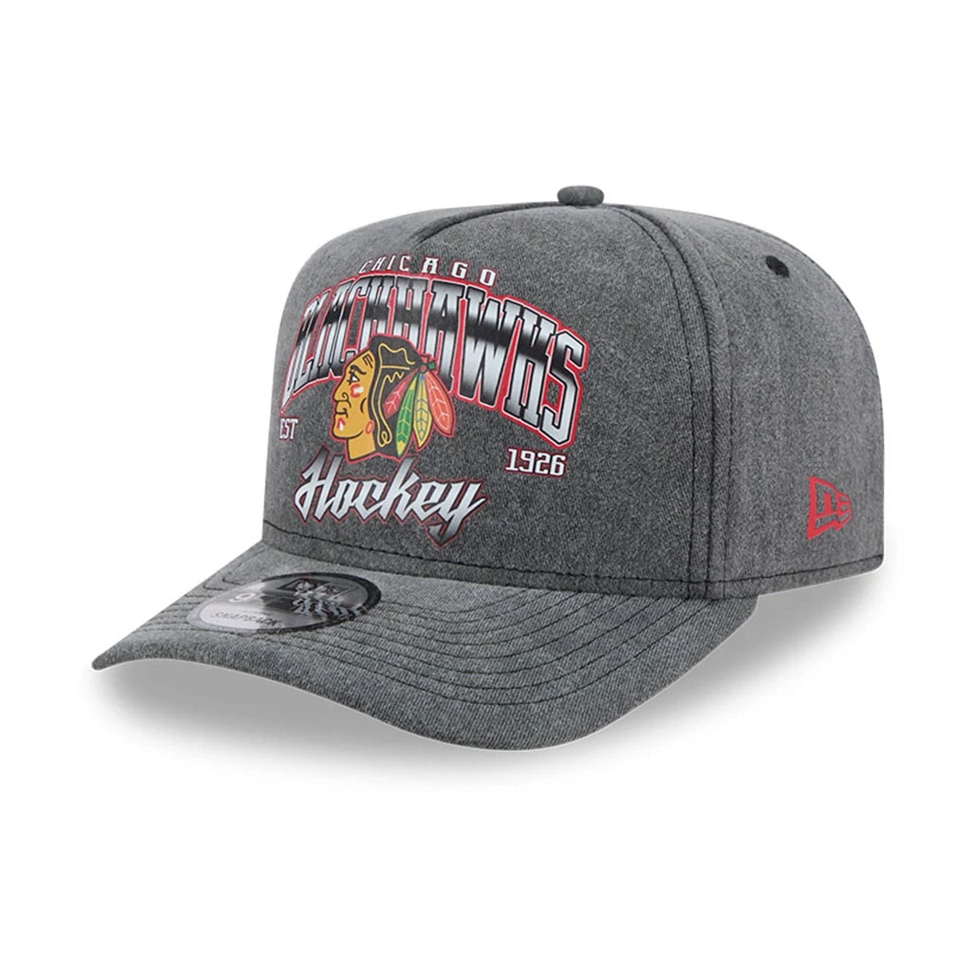 This is a Chicago Blackhawks NHL Washed Black 9FIFTY A-Frame Adjustable Cap 1