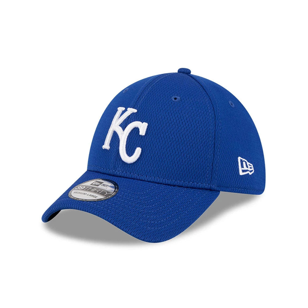Kansas City Royals MLB Evergreen Blue New Era 39THIRTY Stretch Fit Cap, three-quarter view showing a raised white KC logo on the structured front panel, white New Era flag logo on the left side, and a 39THIRTY size sticker on the blue visor.