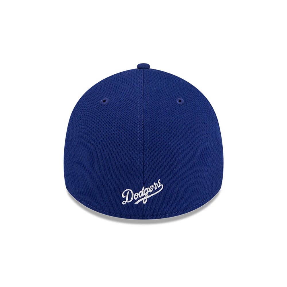 LA Dodgers MLB Evergreen Dark Blue New Era 39THIRTY Stretch Fit Cap, rear view showing the white embroidered Dodgers script logo centred on the back of the structured dark blue crown with a top button.