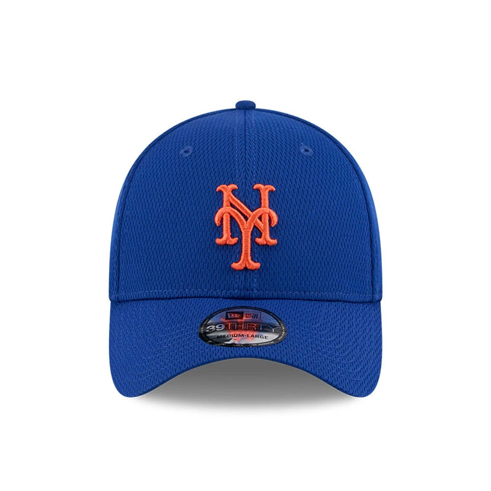 New York Mets MLB Evergreen Blue New Era 39THIRTY Stretch Fit Cap, front view showing the orange embroidered Mets logo on the structured blue crown with a 39THIRTY size sticker on the curved visor.