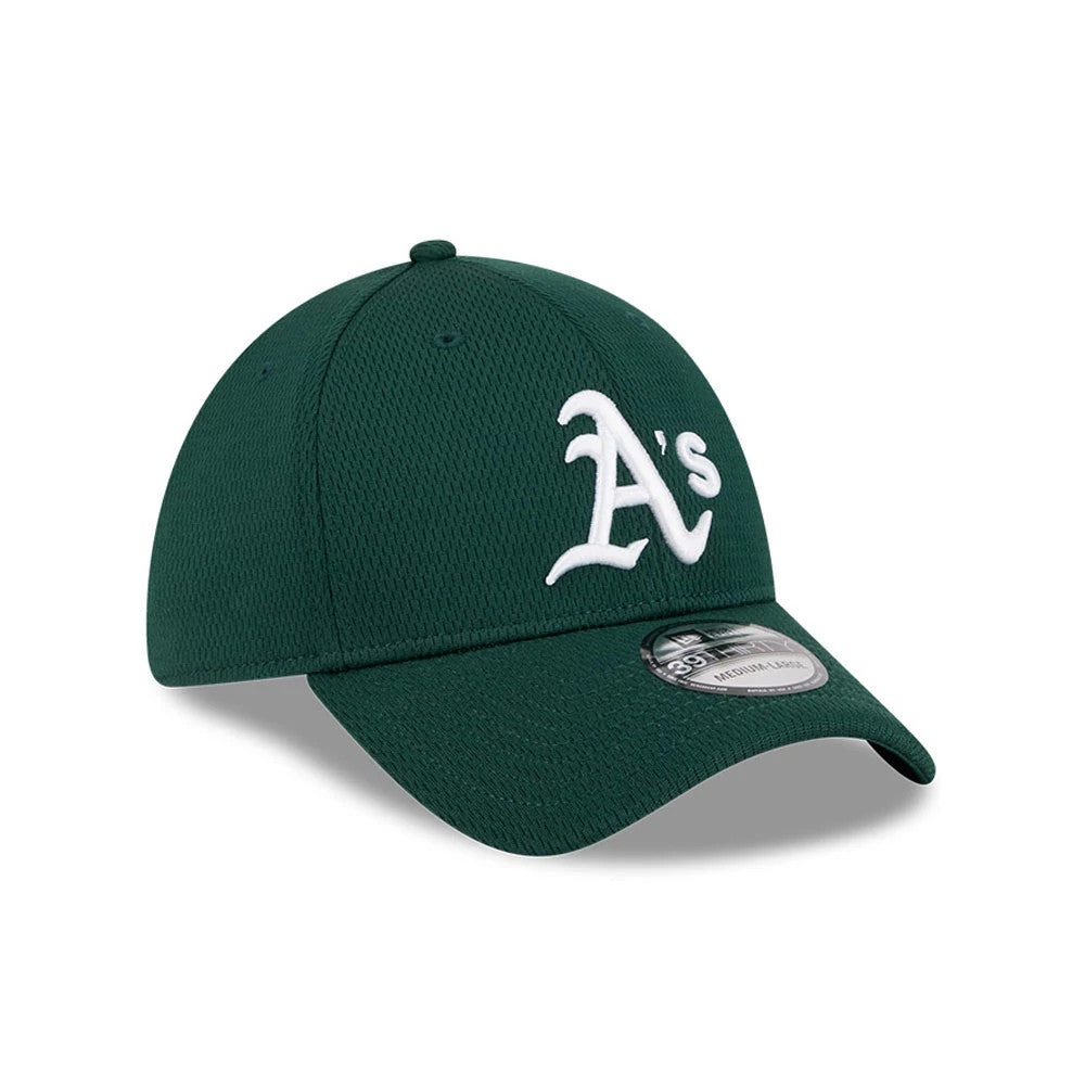 Athletics MLB Evergreen Dark Green New Era 39THIRTY Stretch Fit Cap, three-quarter view showing a white embroidered A's logo on the front panel, with a dark green curved visor and a 39THIRTY size sticker on top.