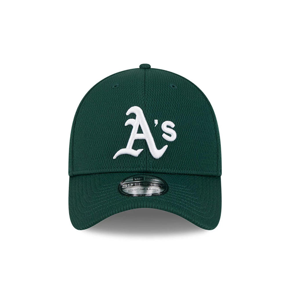 Athletics MLB Evergreen Dark Green New Era 39THIRTY Stretch Fit Cap, front view showing the raised white embroidered A's logo on the structured crown, with a curved visor and 39THIRTY size sticker on the top.