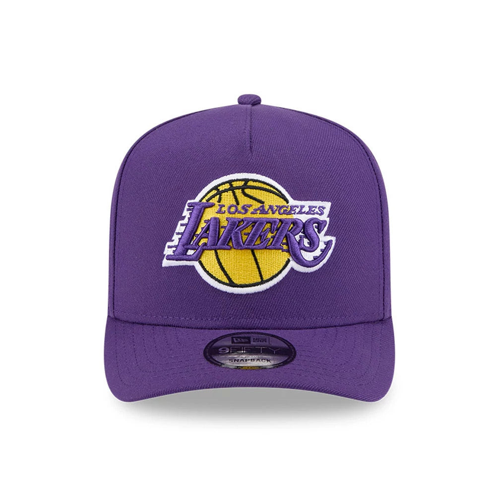 LA Lakers NBA Evergreen Purple New Era 9FIFTY A-Frame Snapback Adjustable Cap, front view showing the raised embroidered Lakers logo in purple and yellow on the structured crown, with a 9FIFTY size sticker on the purple visor.
