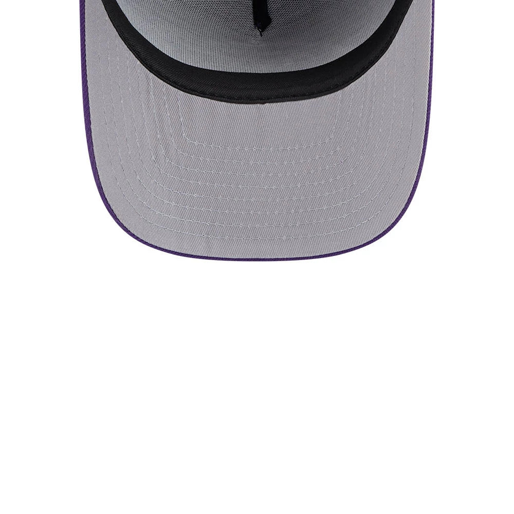 LA Lakers NBA Evergreen Purple New Era 9FIFTY A-Frame Snapback Adjustable Cap, inside view showing the grey undervisor, black sweatband, and purple stitching on each panel of the structured crown.
