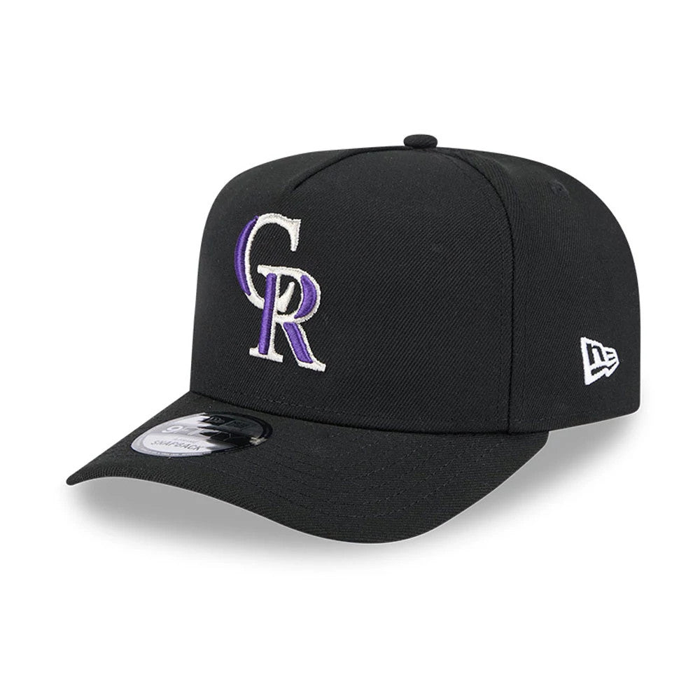 Colorado Rockies MLB Evergreen Black New Era 9FIFTY A-Frame Snapback Adjustable Cap, three-quarter view showing a raised white and purple CR logo on the front panel, a 9FIFTY size sticker on the visor, and the New Era flag logo on the left side.