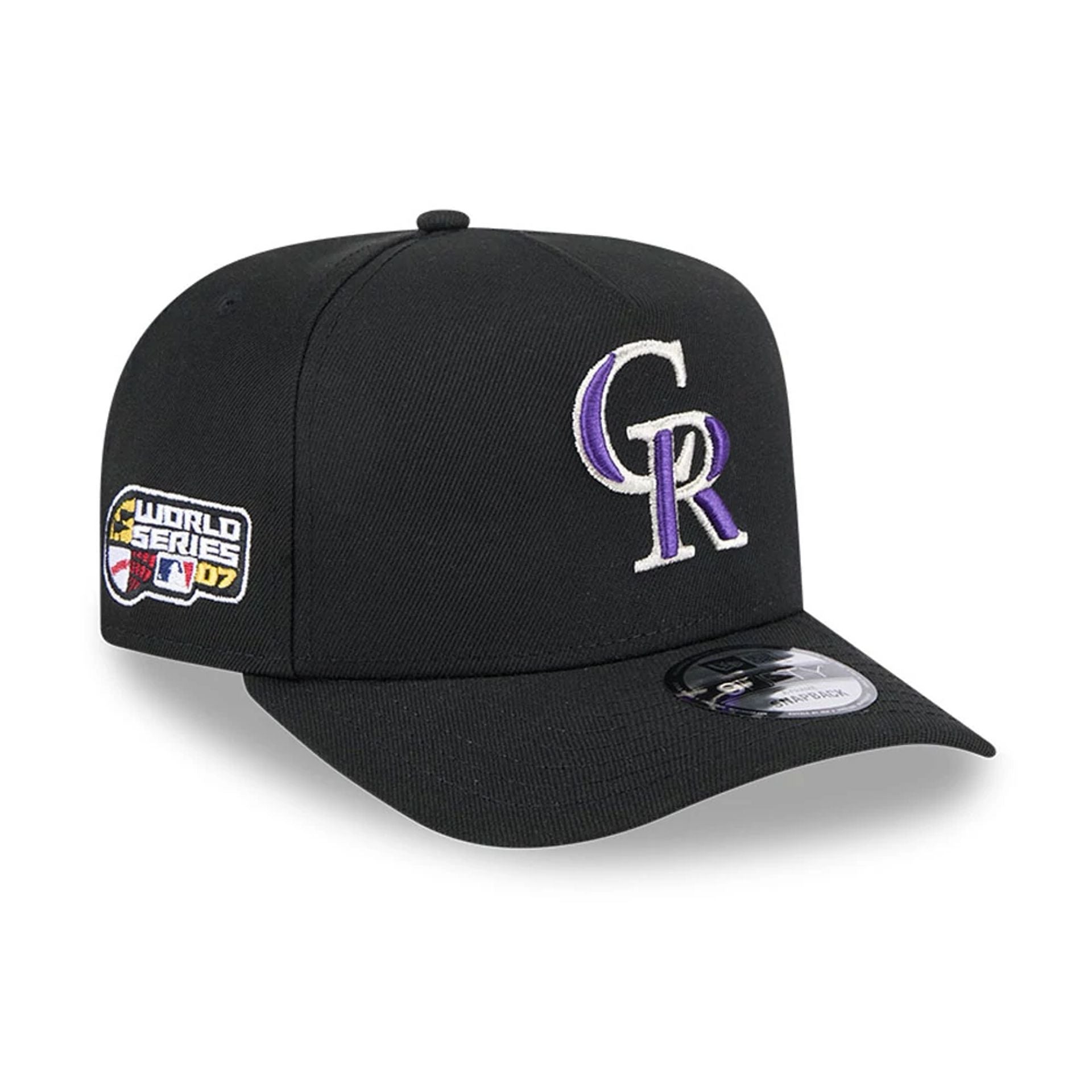 Pictured is this MLB Evergreen Colorado Rockies 9FIFTY A-Frame Snapback cap in black. 1
