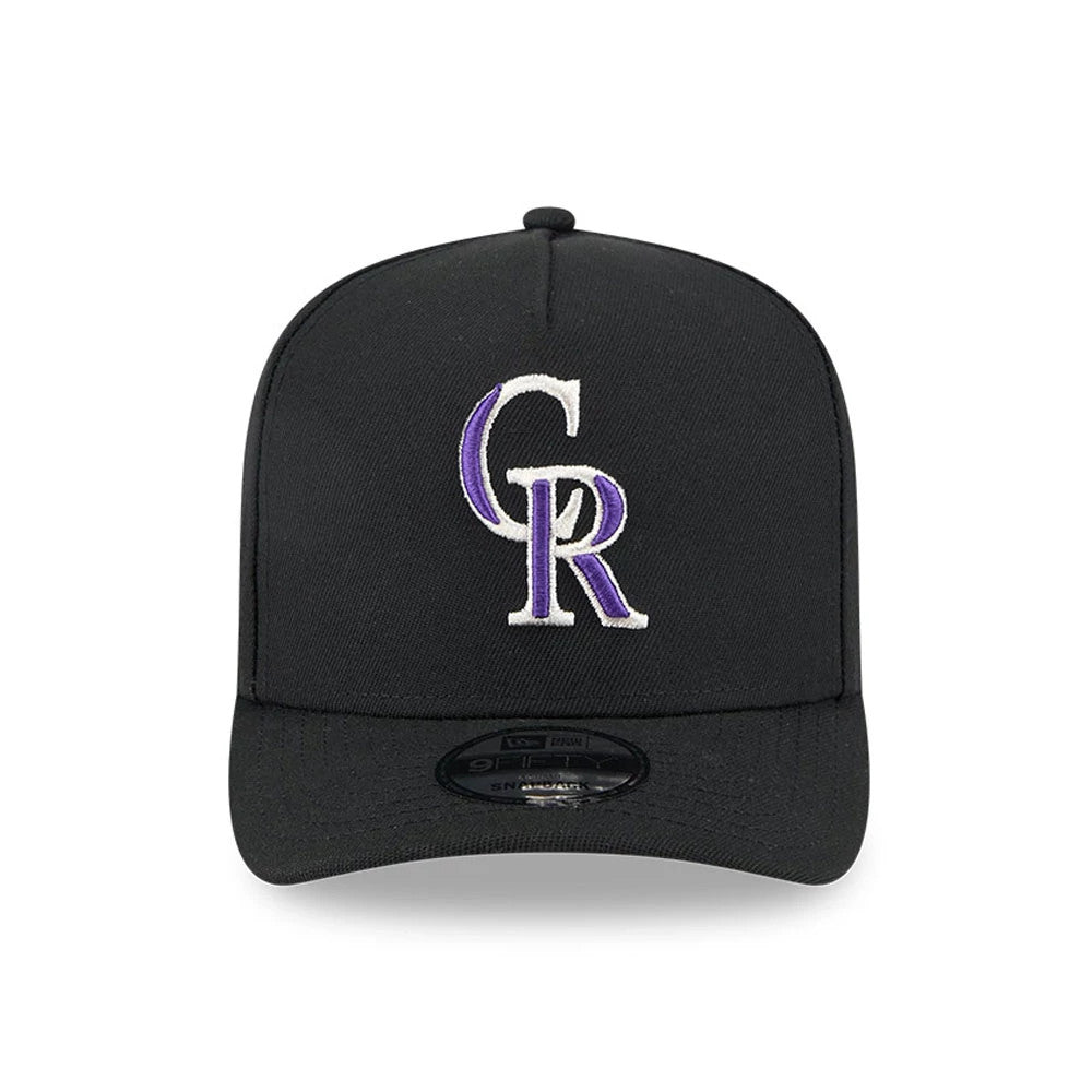 Colorado Rockies MLB Evergreen Black New Era 9FIFTY A-Frame Snapback Adjustable Cap, front view with raised white and purple CR logo on the centre front panel, black visor and 9FIFTY size sticker.