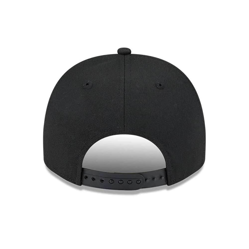Colorado Rockies MLB Evergreen Black New Era 9FIFTY A-Frame Snapback Adjustable Cap, rear view showing the absence of a back logo, highlighted open snap closure and the structured black crown with matching black top button and eyelets.
