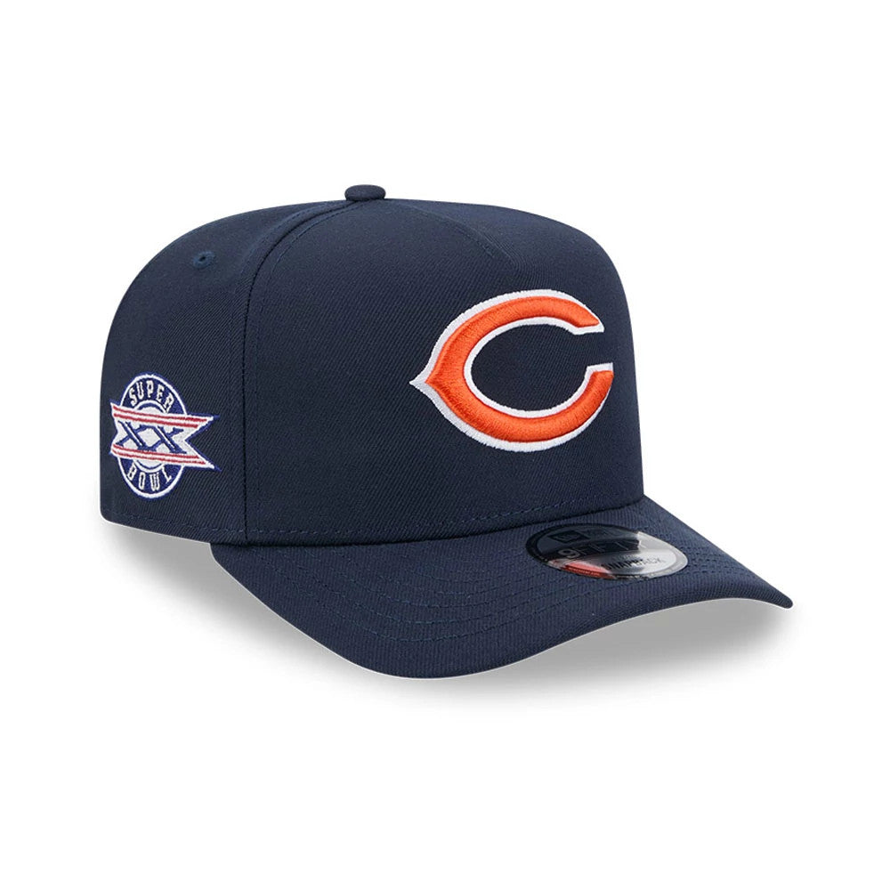 Chicago Bears NFL Evergreen Navy New Era 9FIFTY A-Frame Snapback Adjustable Cap, three-quarter view showing the orange C logo embroidered on the front panel, a Super Bowl XX logo on the left side, and the 9FIFTY size sticker on the navy visor.