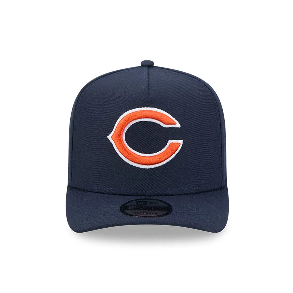 Chicago Bears NFL Evergreen Navy New Era 9FIFTY A-Frame Snapback Adjustable Cap, front view with raised orange C logo on the structured navy panel, featuring a 9FIFTY size sticker on the flat visor.