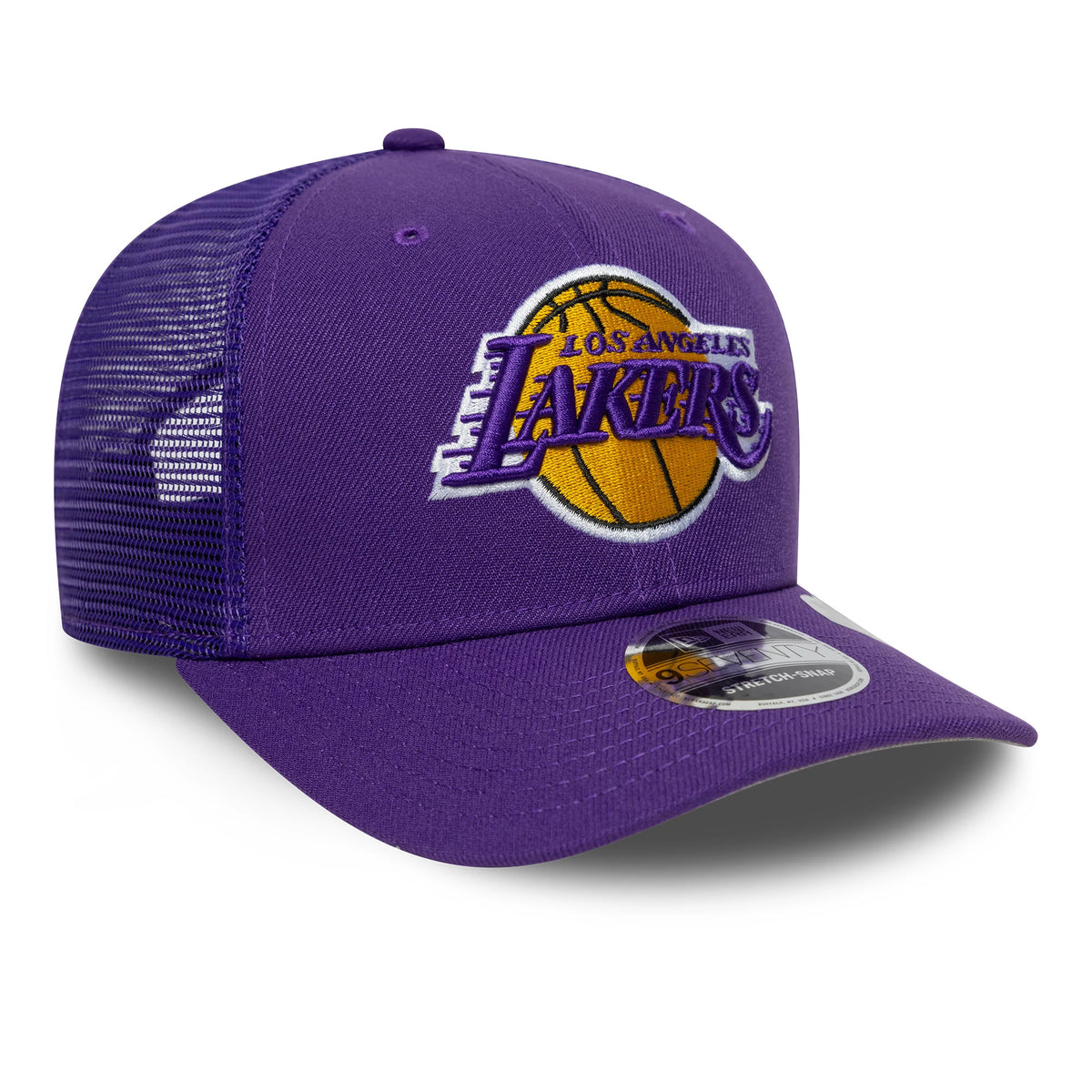 LA Lakers NBA Evergreen Purple New Era 9SEVENTY Stretch Snap Adjustable Cap, three-quarter view showing the raised yellow and purple Lakers logo on the front panel, with a black 9SEVENTY size sticker on the purple visor.
