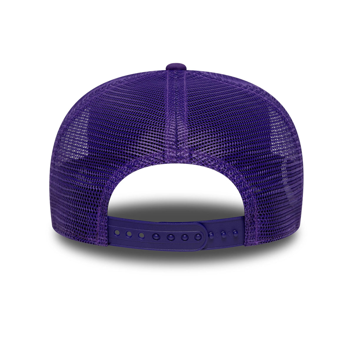LA Lakers NBA Evergreen Purple New Era 9SEVENTY Stretch Snap Adjustable Cap, rear view showing the open mesh back panels and purple snap closure, with the top button centred on the structured crown.