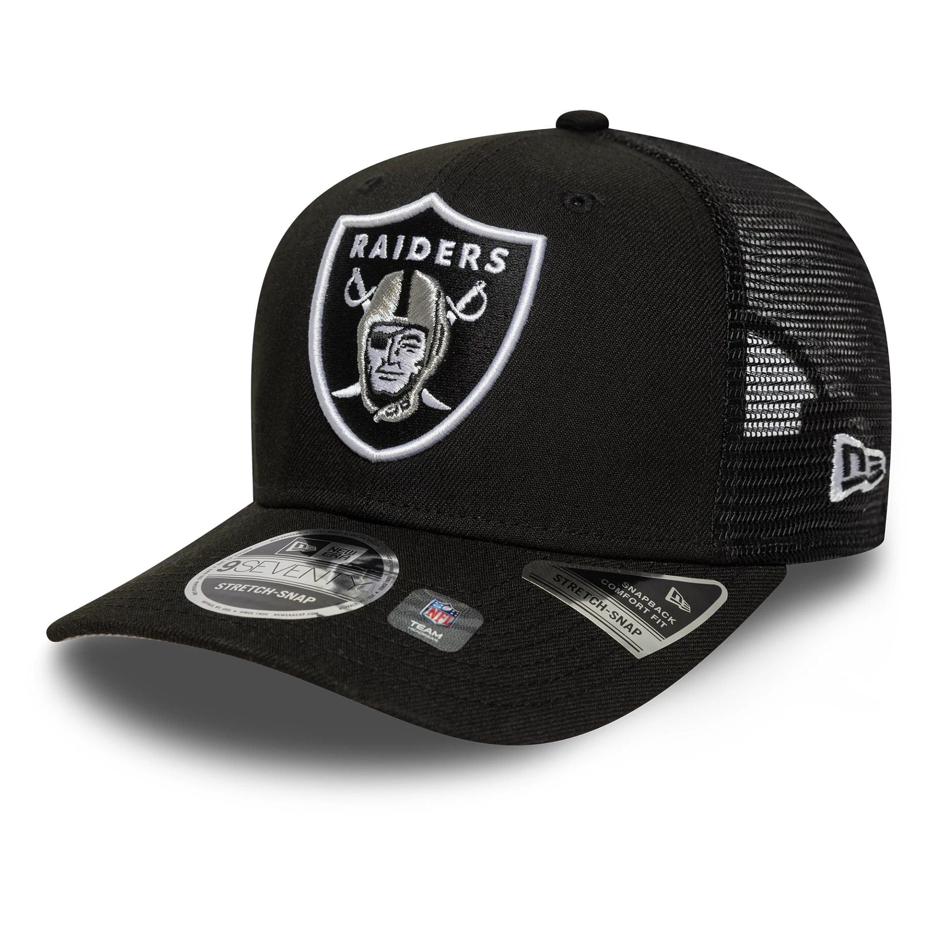 This is a Las Vegas Raiders NFL Official Team Colour Black 9SEVENTY Stretch Snap Adjustable Cap 1