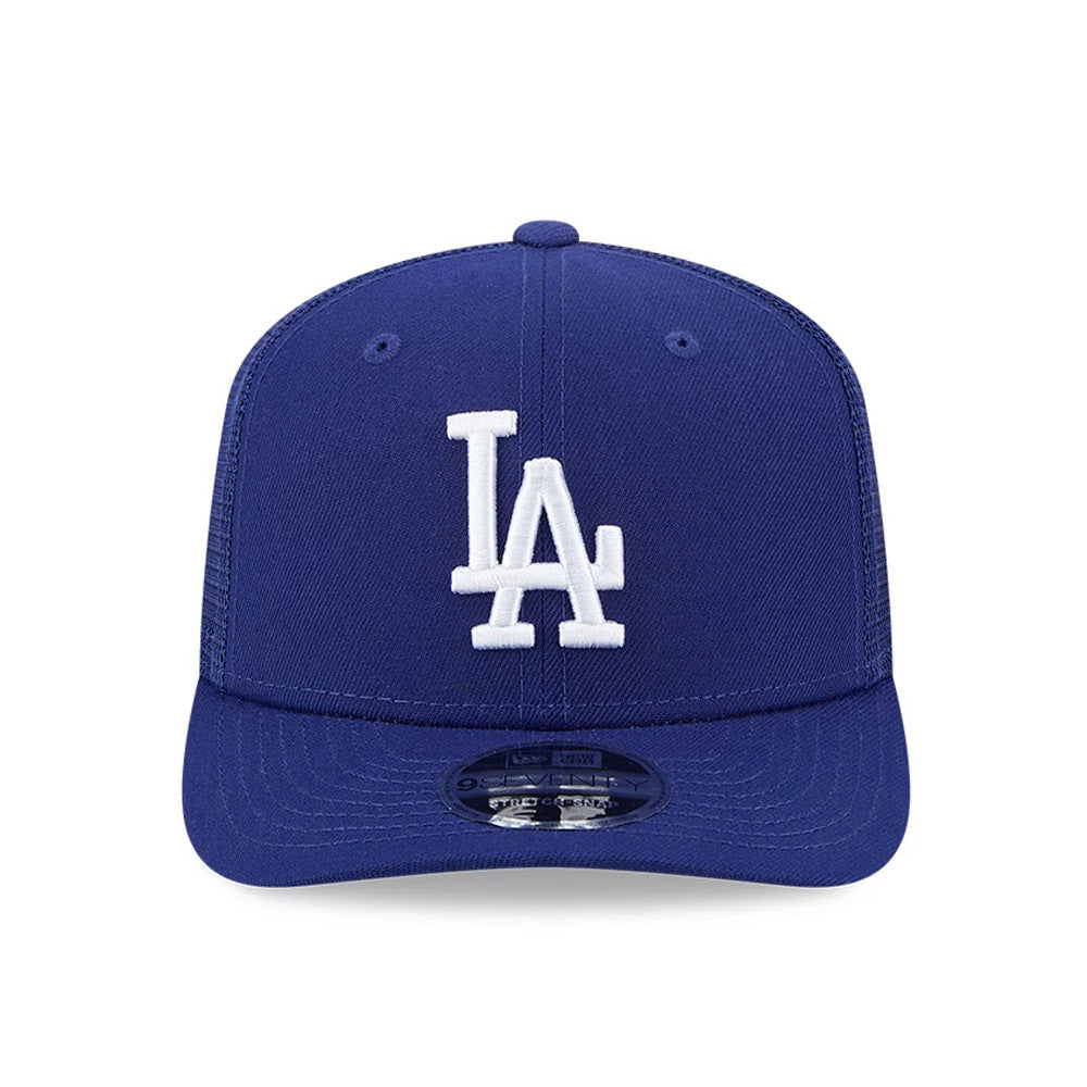 LA Dodgers MLB Evergreen Dark Blue New Era 9SEVENTY Stretch Snap Adjustable Cap, front view with raised white embroidered LA logo on the front panel, matching dark blue visor and a clear 9SEVENTY size sticker on the centre of the visor.