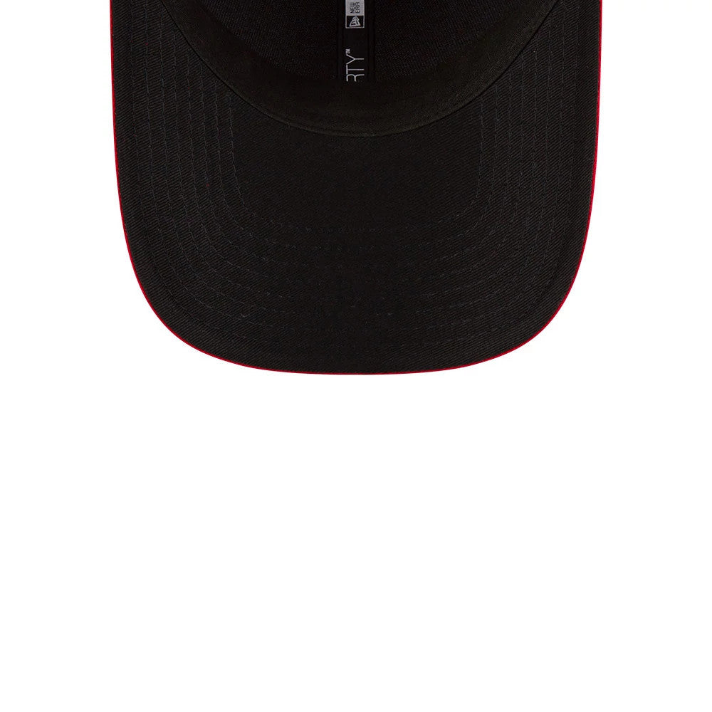 LA Angels MLB Player Replica Red New Era 9FORTY M-Crown Adjustable Cap, inside view showing the black undervisor with a central seam tape and a 9FORTY size sticker, highlighting the red edge detail of the visor.