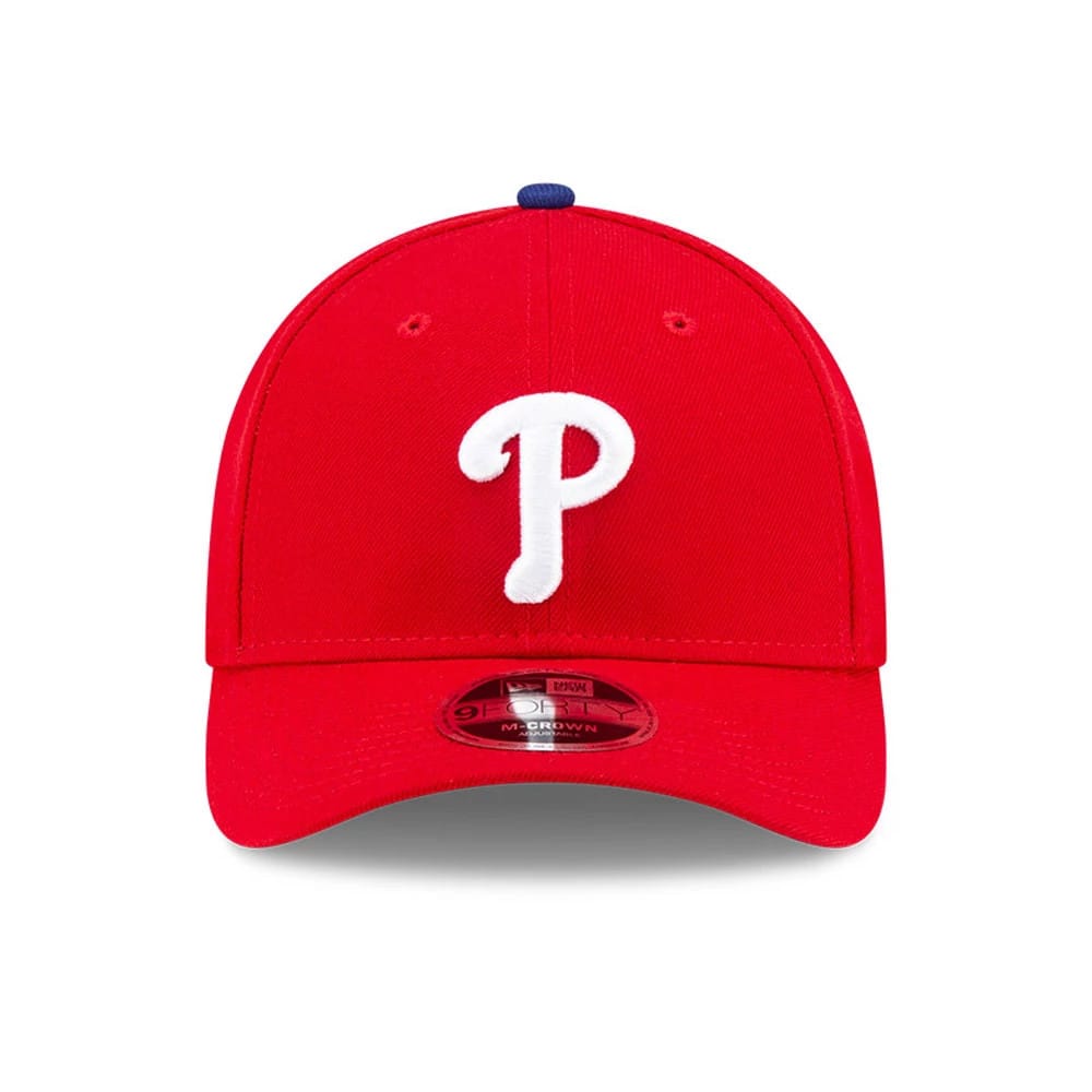 Philadelphia Phillies MLB Player Replica Red New Era 9FORTY M-Crown Adjustable Cap, front view with a raised white embroidered P logo on the structured red crown and a 9FORTY size sticker on the red visor.