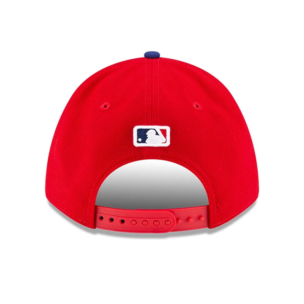Philadelphia Phillies MLB Player Replica Red New Era 9FORTY M-Crown Adjustable Cap, rear view showing the white embroidered MLB Batterman logo centred on the red back panels above the adjustable strap.