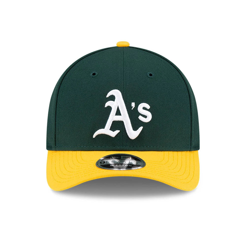 Athletics MLB Player Replica Dark Green New Era 9FORTY M-Crown Adjustable Cap, front view showing the white embroidered A logo on the structured green crown, with a yellow visor and a 9FORTY size sticker on the visor.