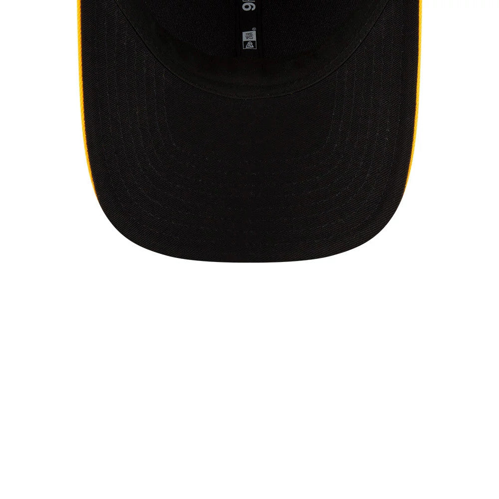 Athletics MLB Player Replica Dark Green New Era 9FORTY M-Crown Adjustable Cap, inside view showing a black undervisor with a 9FORTY size sticker and taping along the crown interior.