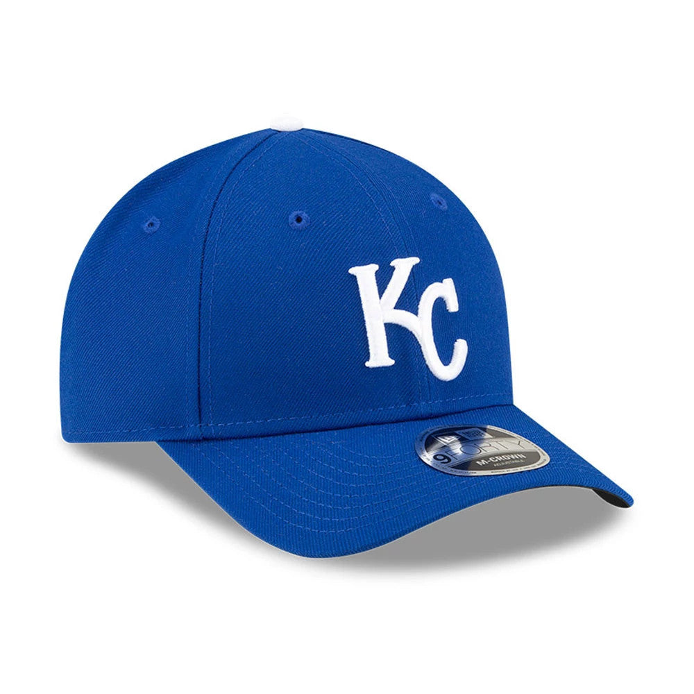 Kansas City Royals MLB Player Replica Blue New Era 9FORTY M-Crown Adjustable Cap, three-quarter view showing raised white KC logo on the front panel and the 9FORTY size sticker on the blue curved visor.