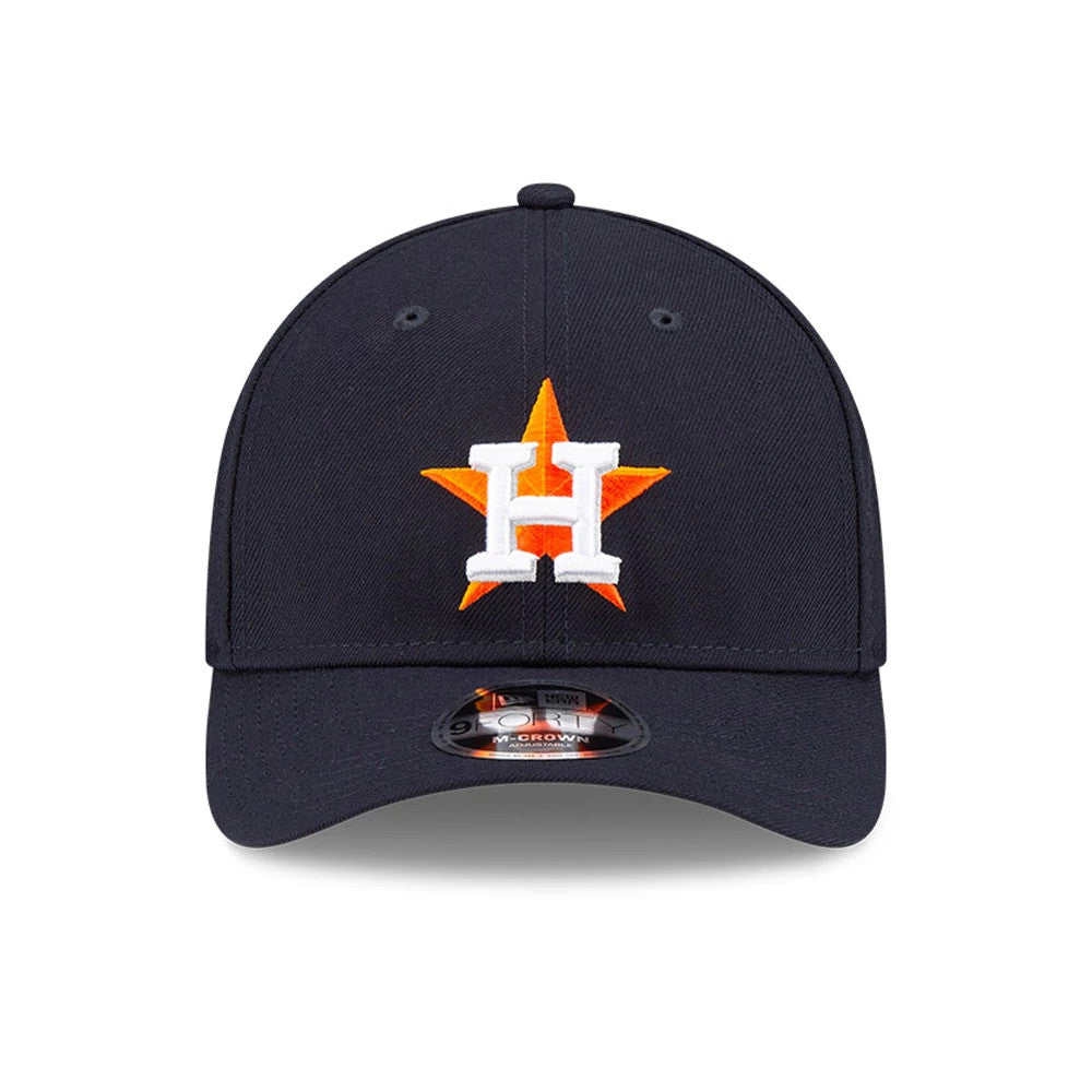 Houston Astros MLB Player Replica Navy New Era 9FORTY M-Crown Adjustable Cap, front view with a raised white H logo and orange star embroidered on the front panel, black 9FORTY size sticker on the curved visor.