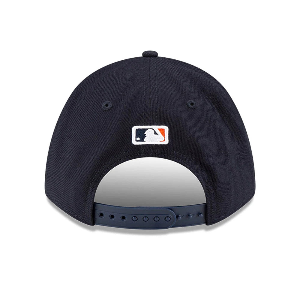 Houston Astros MLB Player Replica Navy New Era 9FORTY M-Crown Adjustable Cap, rear view showing the MLB Batterman logo embroidered at the centre back above the navy adjustable strap and curved structure of the navy crown.