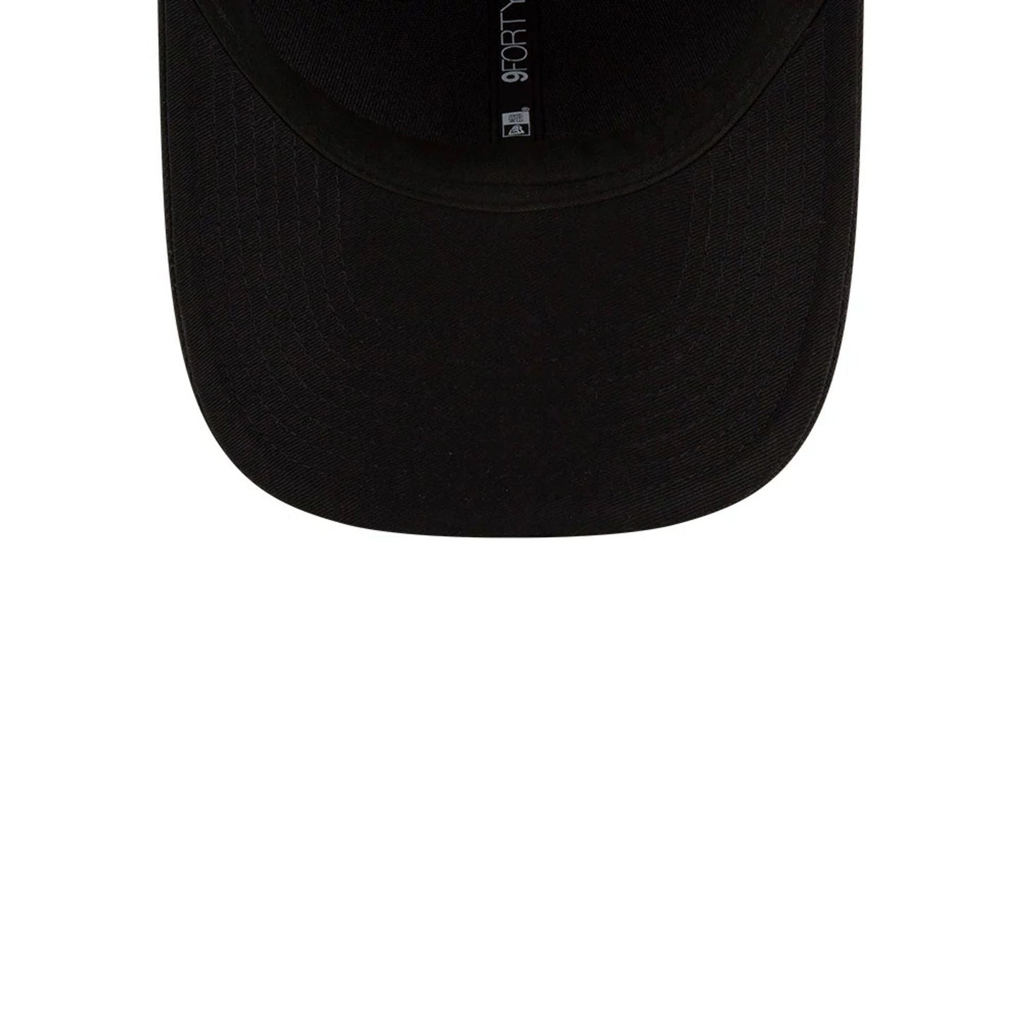 Pittsburgh Pirates MLB Player Replica Black New Era 9FORTY M-Crown Adjustable Cap, inside view showing the black taping and branding label running centrally on the underside of the visor.