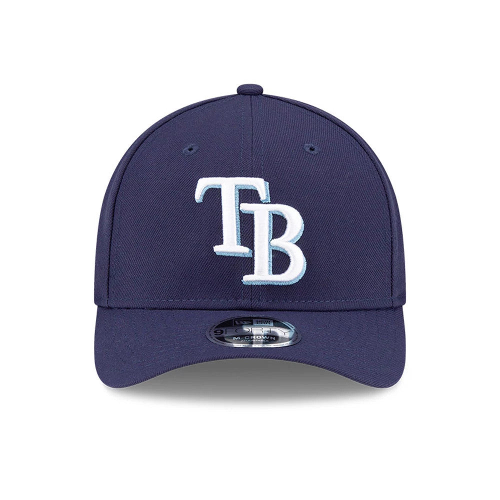 Tampa Bay Rays MLB Player Replica Navy New Era 9FORTY M-Crown Adjustable Cap, front view showing the raised white TB logo on the structured navy crown, curved visor, and 9FORTY size sticker on top of the visor.
