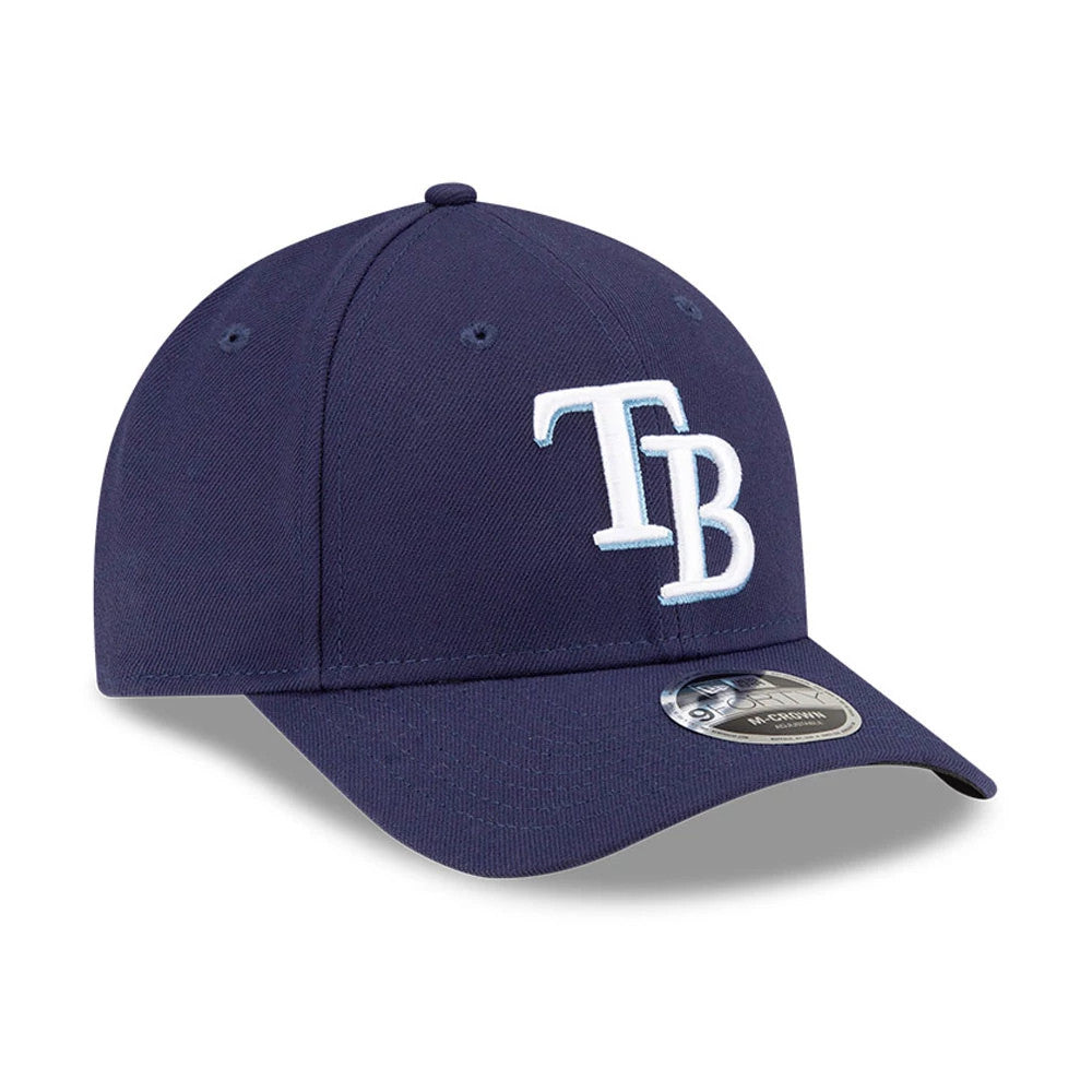 Tampa Bay Rays MLB Player Replica Navy New Era 9FORTY M-Crown Adjustable Cap, front view showing the raised white TB logo on the navy front panel and the 9FORTY size sticker on the slightly curved visor.