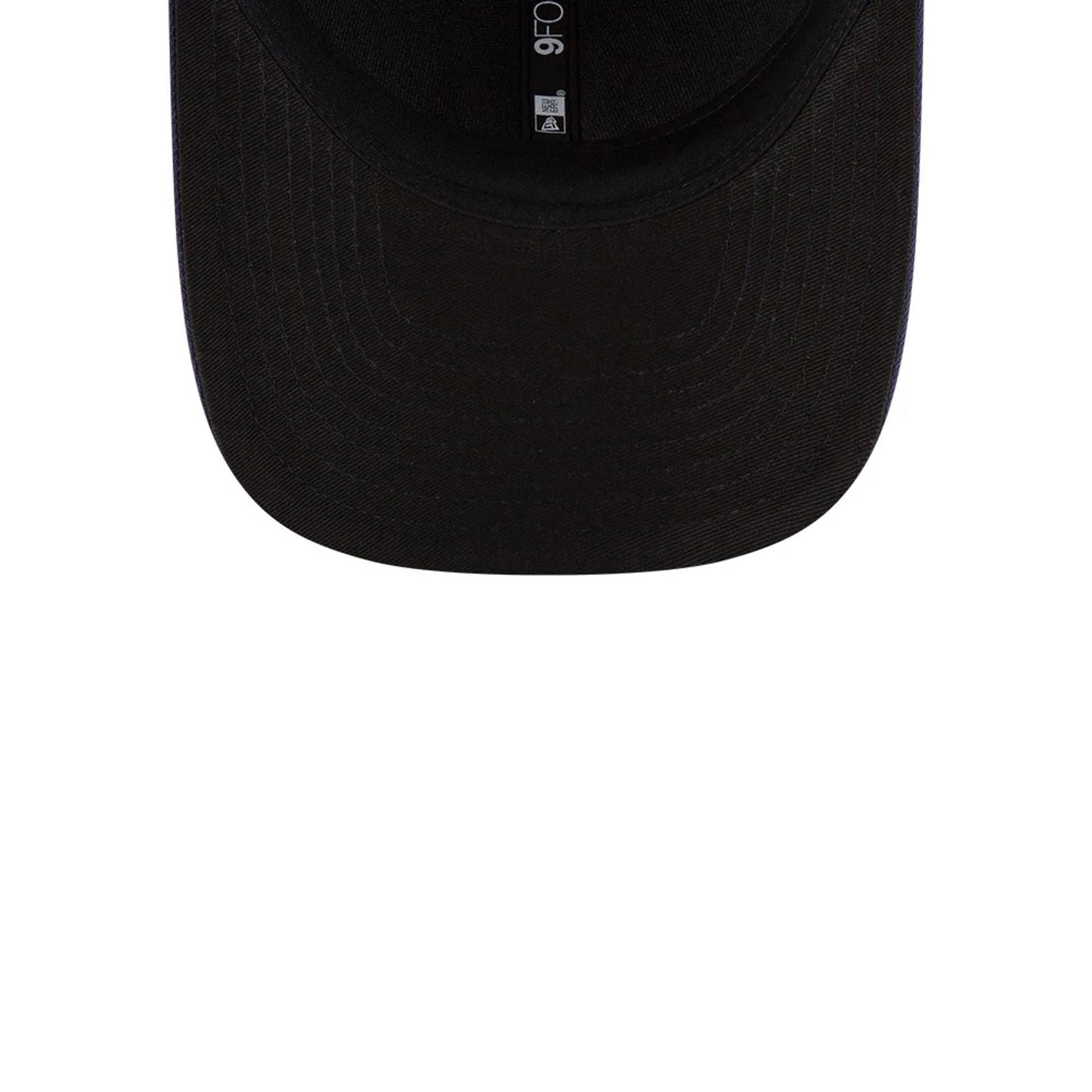 Tampa Bay Rays MLB Player Replica Navy New Era 9FORTY M-Crown Adjustable Cap, inside view showing the black undervisor with an MLB logo, the 9FORTY size sticker and inner taping details.