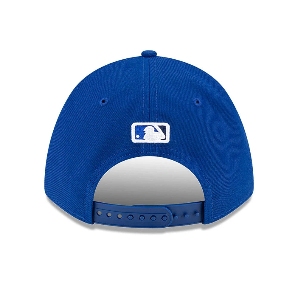 Toronto Blue Jays MLB Player Replica Blue New Era 9FORTY M-Crown Adjustable Cap, rear view showing the white embroidered MLB Batterman logo at the centre back, with blue snap closure and matching top button.
