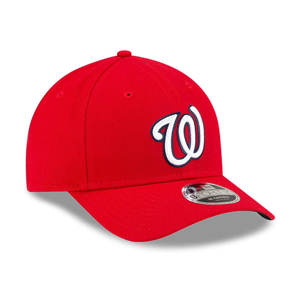 Washington Nationals MLB Player Replica Red New Era 9FORTY M-Crown Adjustable Cap, front view with embroidered white W logo with navy outline on the structured red crown, curved visor, and 9FORTY size sticker centrally placed on the visor.
