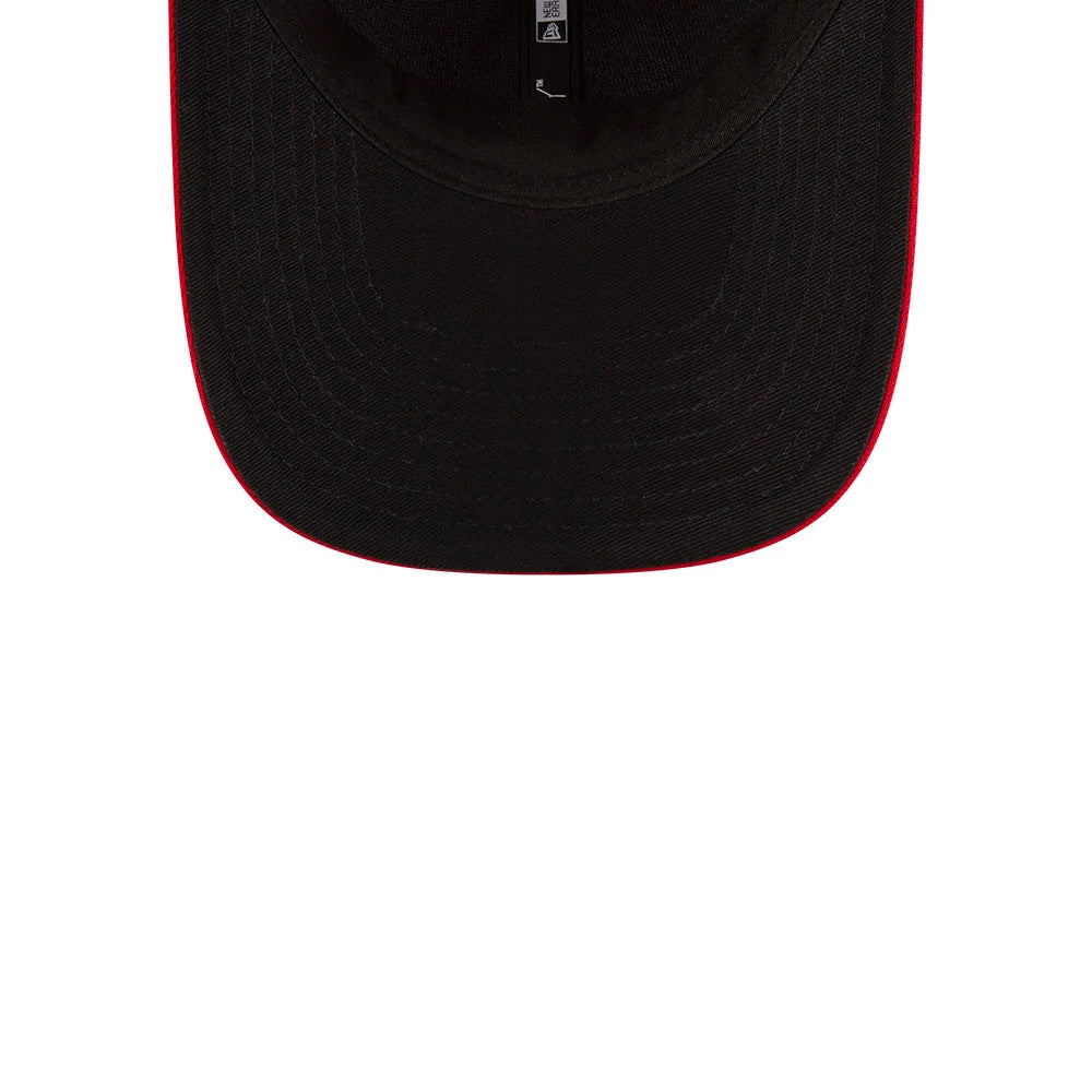 Washington Nationals MLB Player Replica Red New Era 9FORTY M-Crown Adjustable Cap, inside view showing the black sweatband, taping along the seams and printed label on the underside of the black visor.