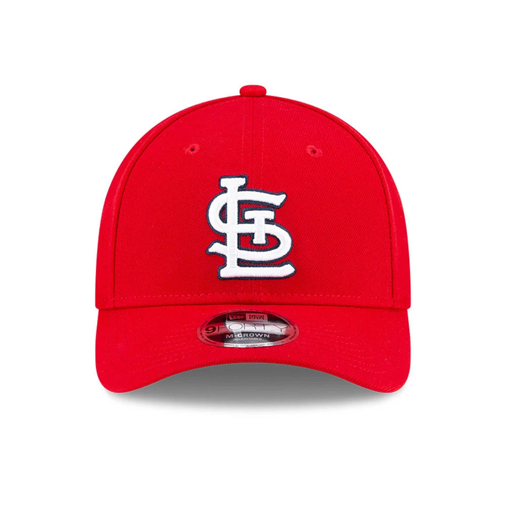 St. Louis Cardinals MLB Player Replica Red New Era 9FORTY M-Crown Adjustable Cap, front view showing the raised white embroidered STL logo on the front panel and the 9FORTY size sticker on the red visor.