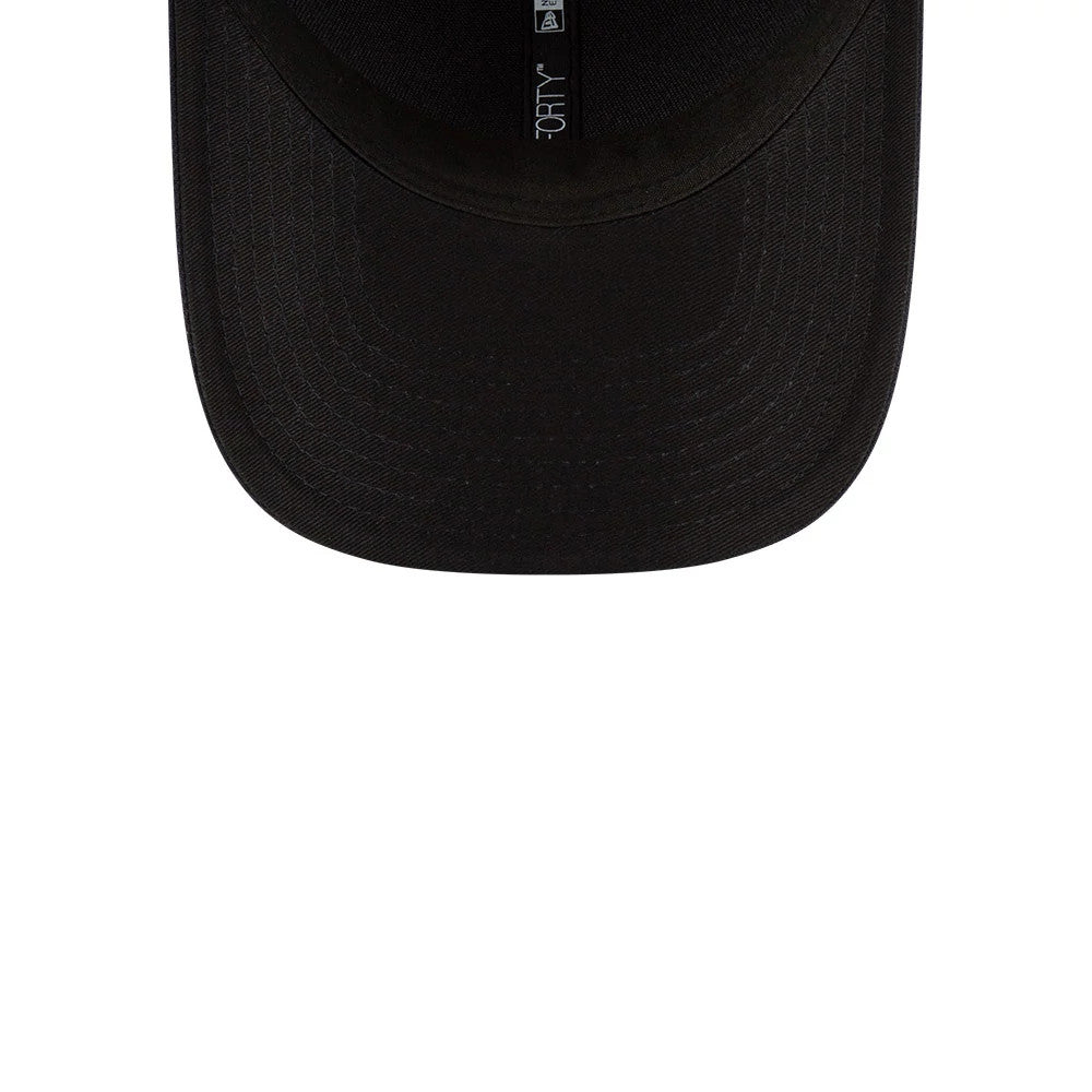 Seattle Mariners MLB Player Replica Navy New Era 9FORTY M-Crown Adjustable Cap, inside view showing black undervisor with 9FORTY taping and detailed stitching lines running parallel to the visor edge.