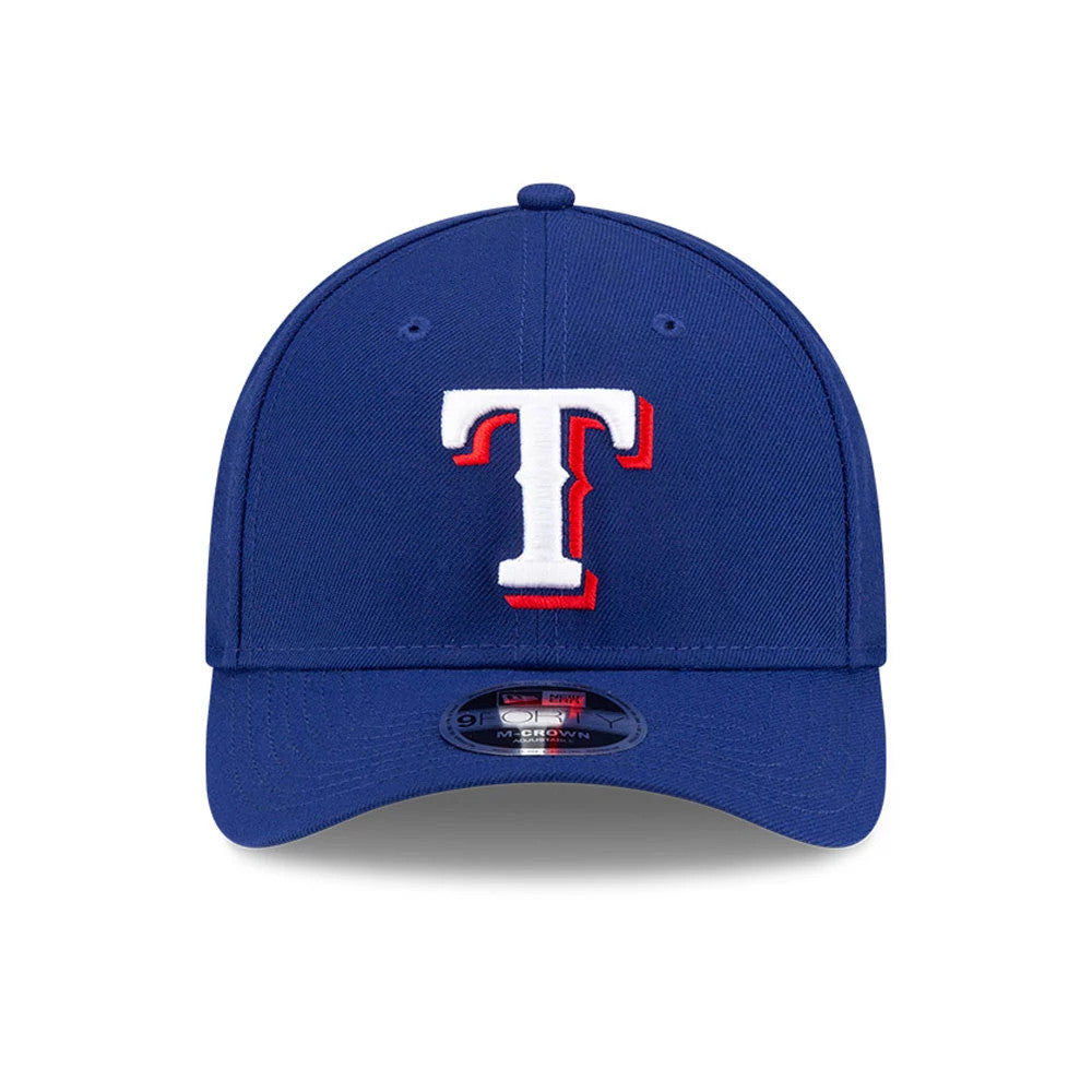 Texas Rangers MLB Player Replica Dark Blue New Era 9FORTY M-Crown Adjustable Cap, front view showing the embossed white and red embroidered T logo on the front panel and the 9FORTY size sticker on the curved visor.