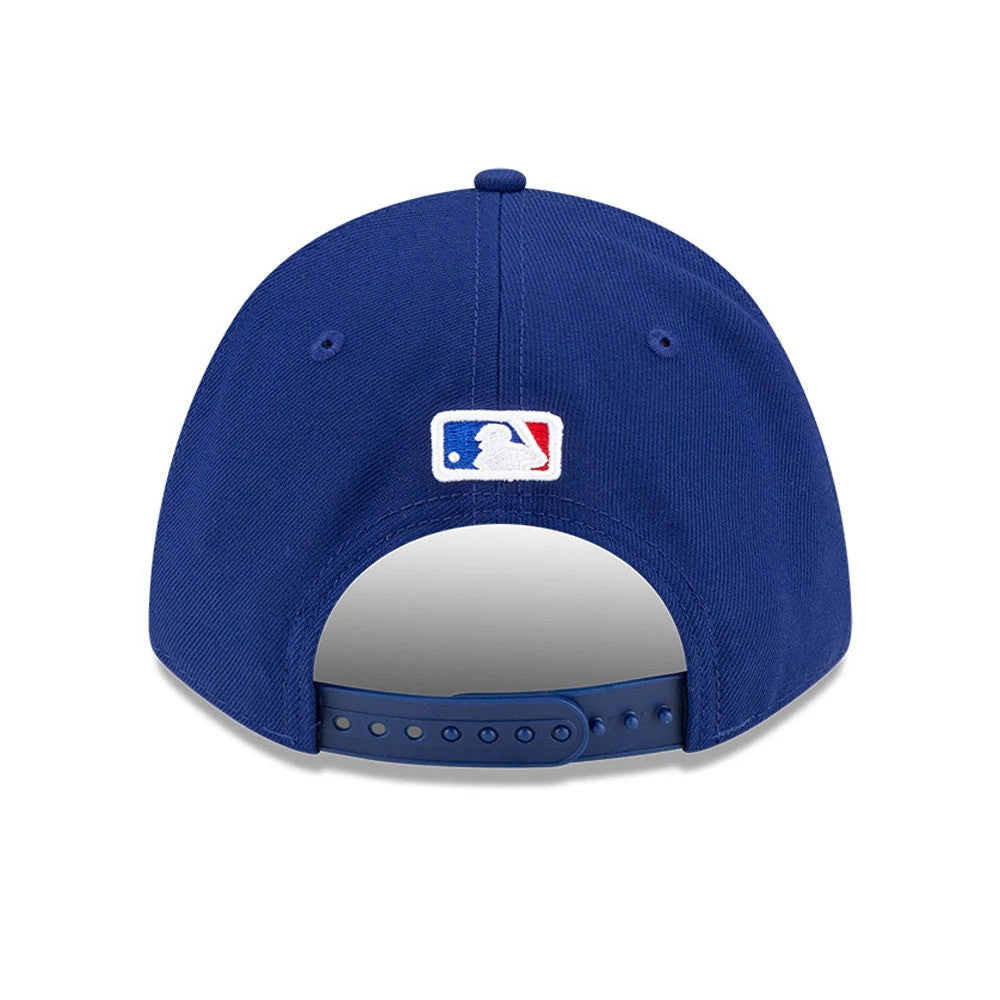 Texas Rangers MLB Player Replica Dark Blue New Era 9FORTY M-Crown Adjustable Cap, rear view showing the white MLB Batterman logo centred above the adjustable strap on the structured dark blue crown.