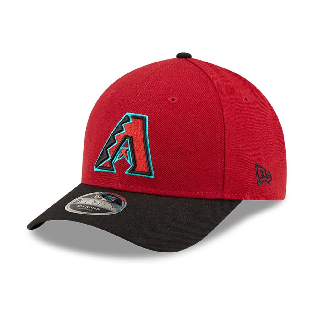 Arizona Diamondbacks MLB Player Replica Red New Era 9FORTY M-Crown Adjustable Cap, front view showing a raised embroidered red A logo with turquoise outline on the red crown, a black visor, and a 9FORTY size sticker on the visor.