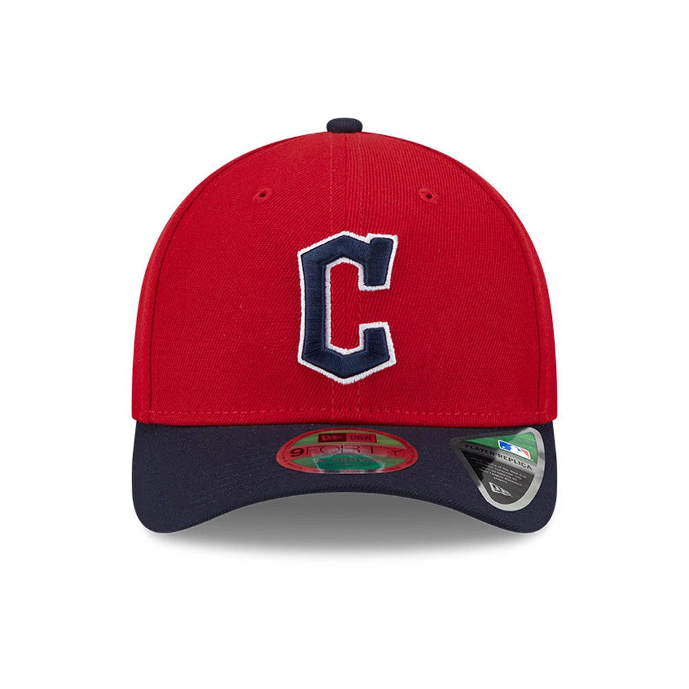 Cleveland Guardians MLB Player Replica Red New Era 9FORTY M-Crown Adjustable Cap, front view showing the raised navy outlined C logo on the structured red crown, with a navy visor and 9FORTY size sticker.