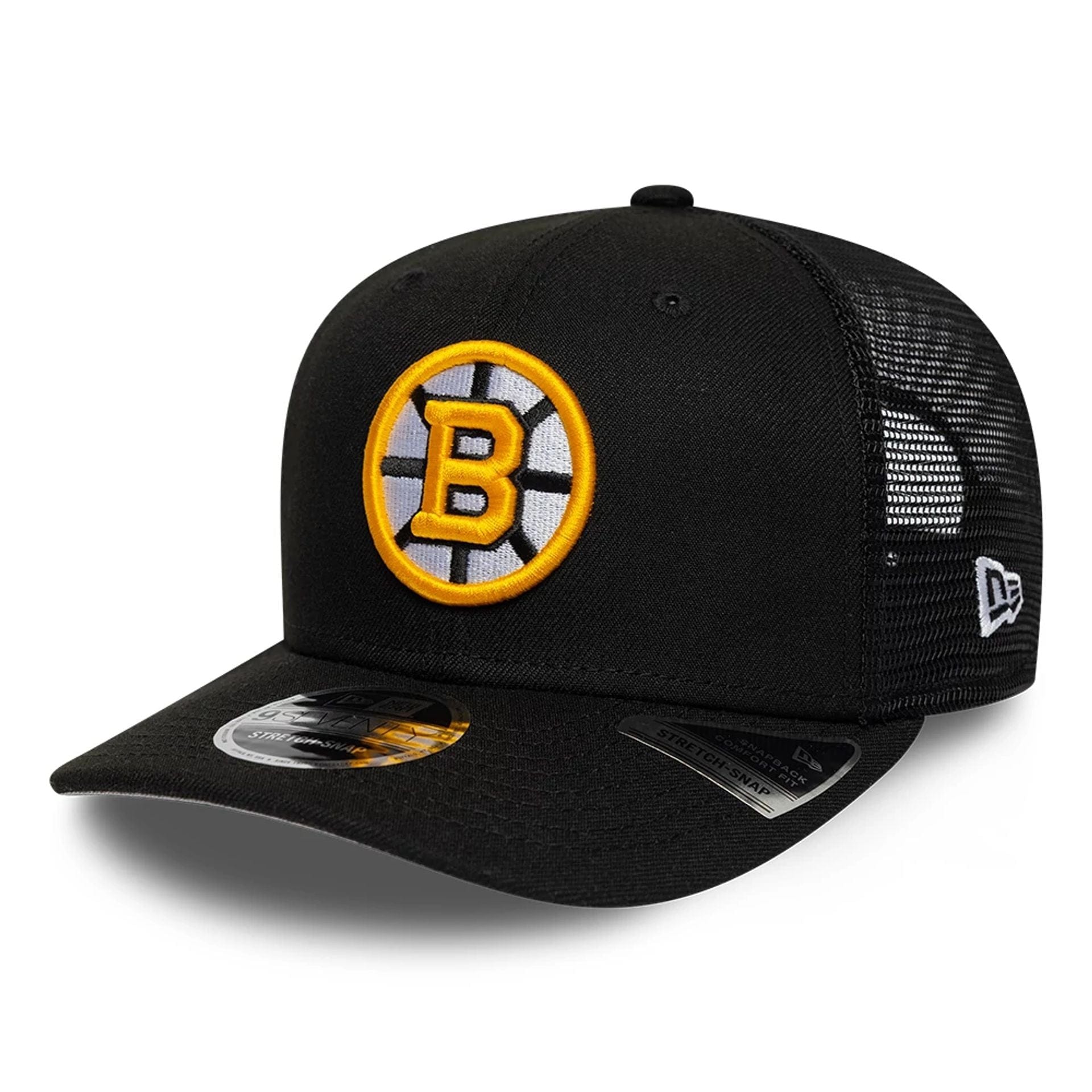 Pictured is this NHL Evergreen Boston Bruins 9SEVENTY Stretch Snap cap in black. 1