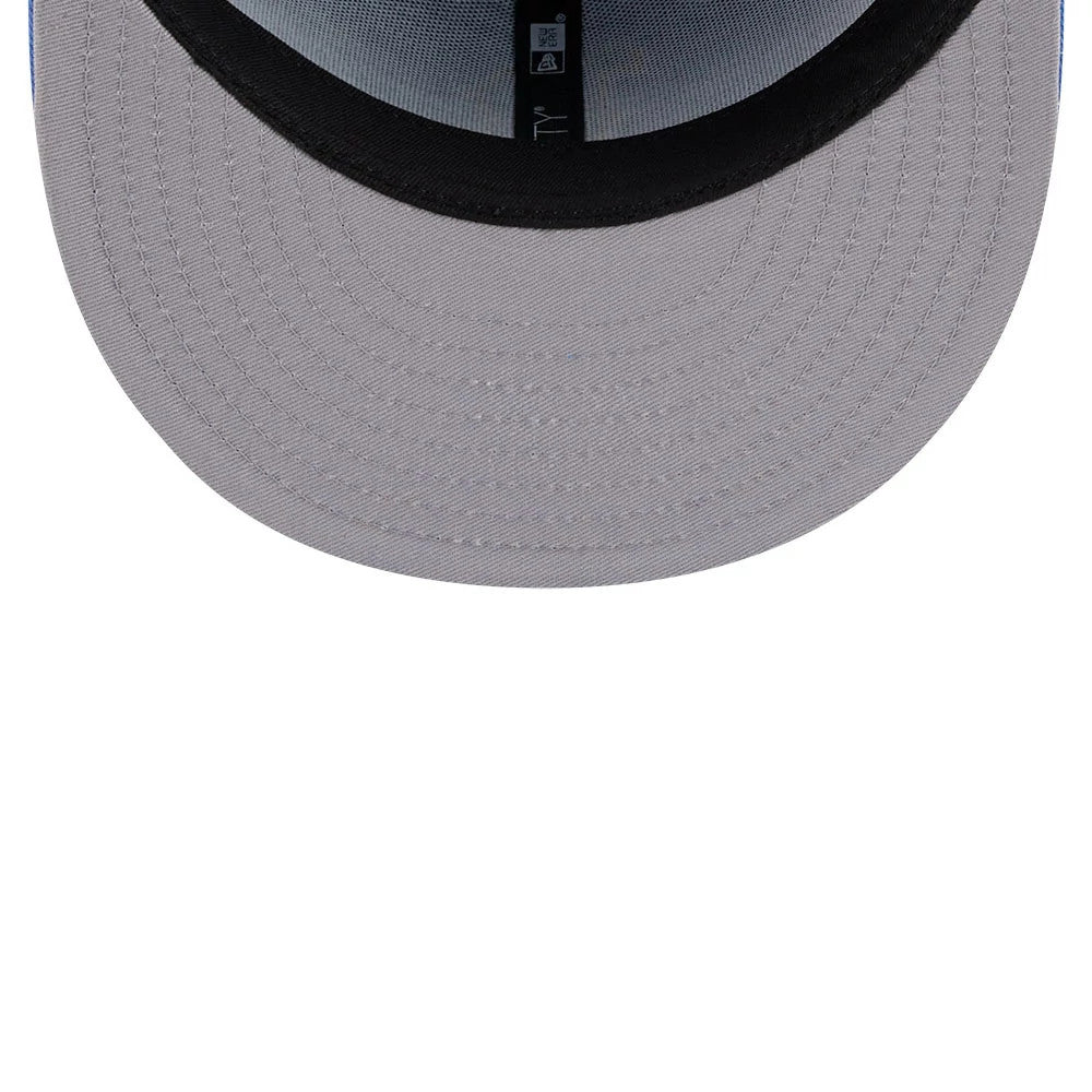 Boston Red Sox MLB Evergreen Blue New Era 9FIFTY Snapback Adjustable Cap, inside view showing the grey undervisor and black interior taping with the New Era tag and size label along the centre.