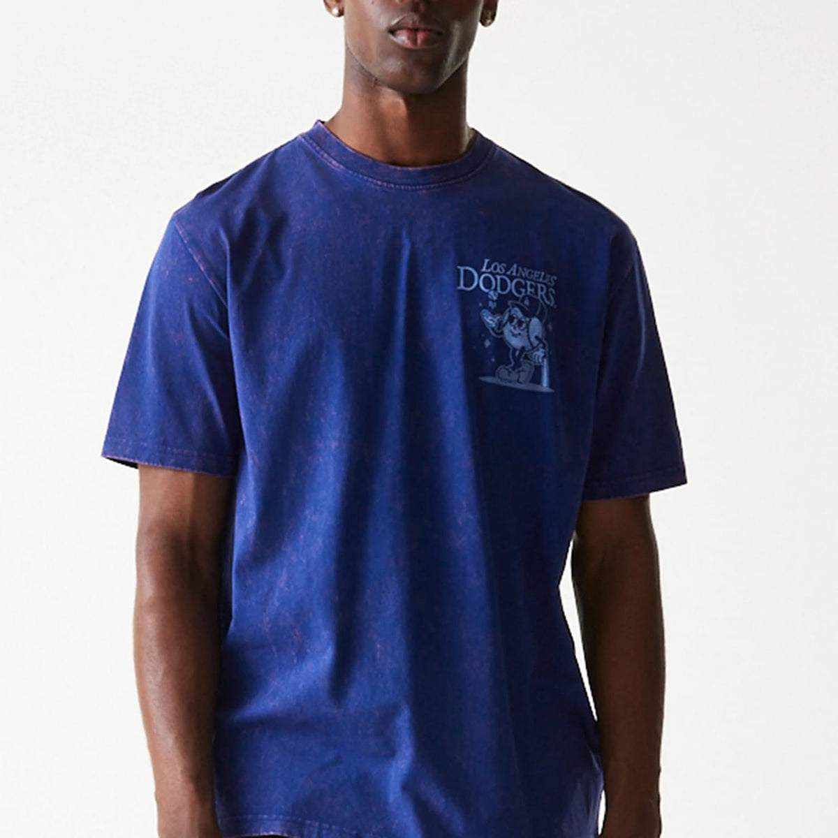 New Era LA Dodgers MLB Character Dark Blue T-Shirt, front view showing a dark blue t-shirt with a printed Los Angeles Dodgers logo featuring a character on the left side of the chest.