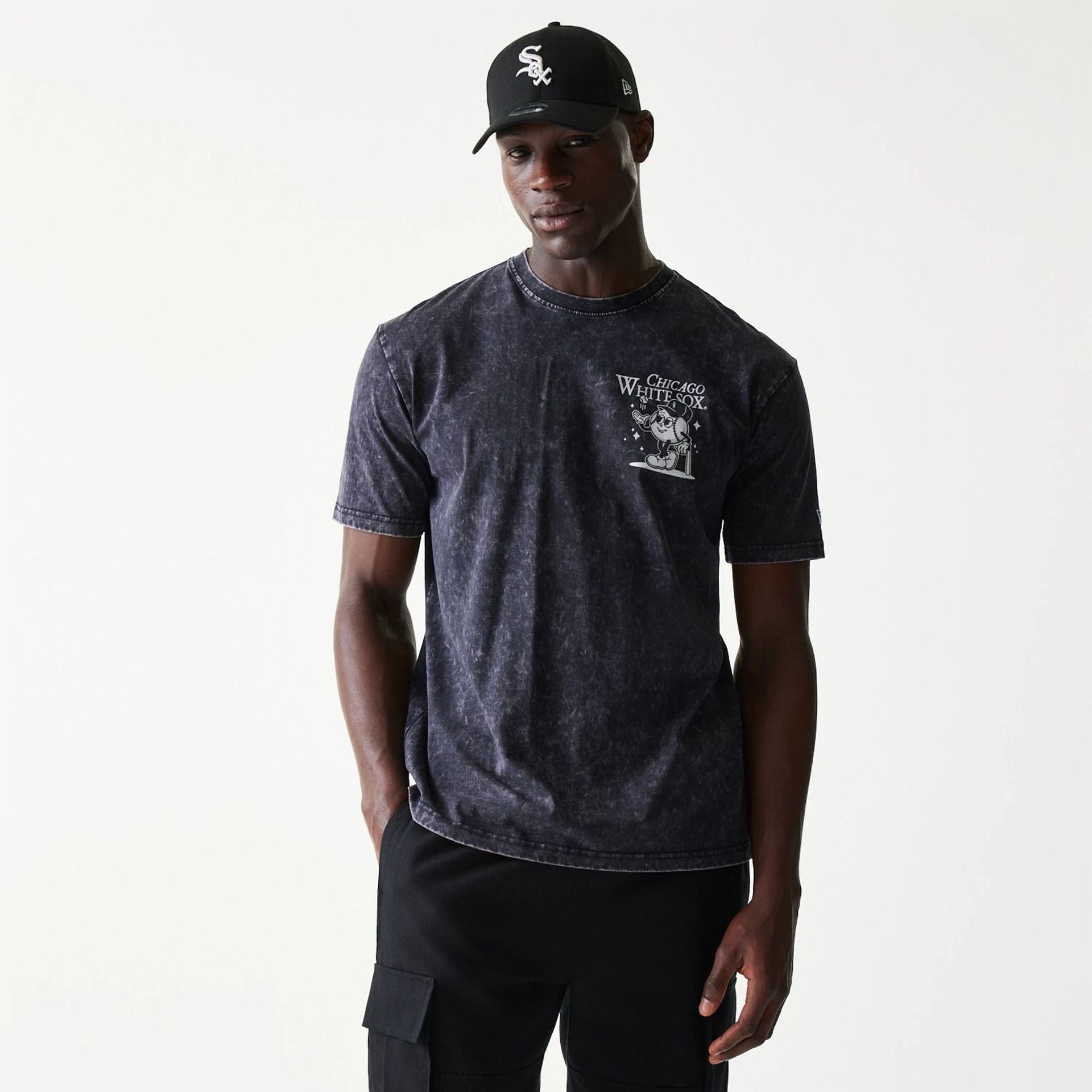 The Male model is wearing Chicago White Sox MLB Character Black T-Shirt 1