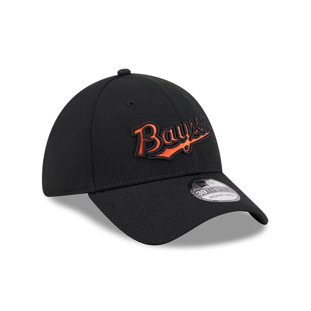 Chesapeake Baysox MiLB Batting Practice Black New Era 39THIRTY Stretch Fit Cap, front view with an orange embroidered Baysox logo on the front panel, curved visor, and 39THIRTY size sticker on the top of the black visor.