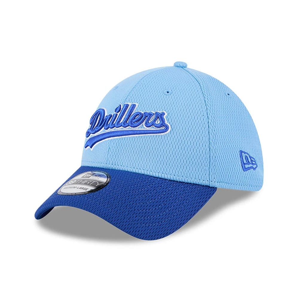 Tulsa Drillers MiLB Batting Practice Pastel Blue New Era 39THIRTY Stretch Fit Cap, three-quarter view with raised blue Drillers script on the front panel, blue square visor and 39THIRTY size sticker, and New Era flag logo on the left side.