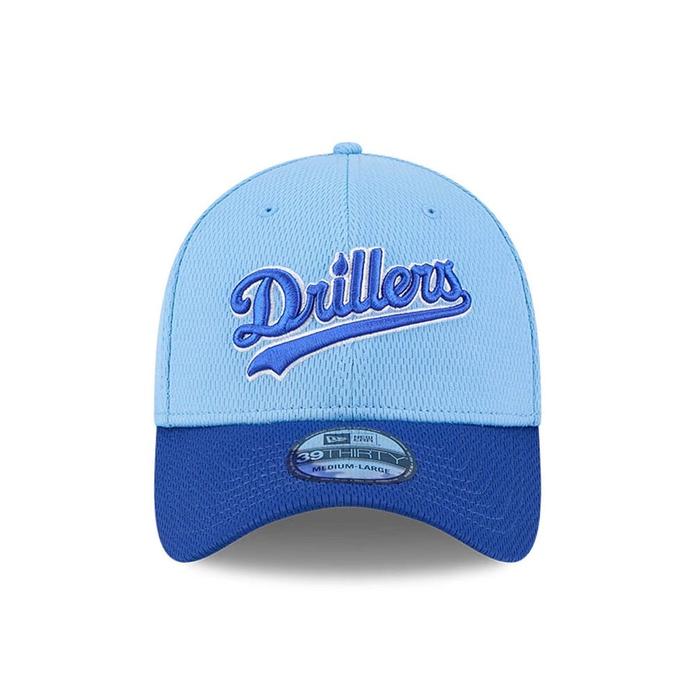 Pictured is this MiLB Batting Practice Tulsa Drillers 39THIRTY Stretch Fit cap in pastel blue. 2